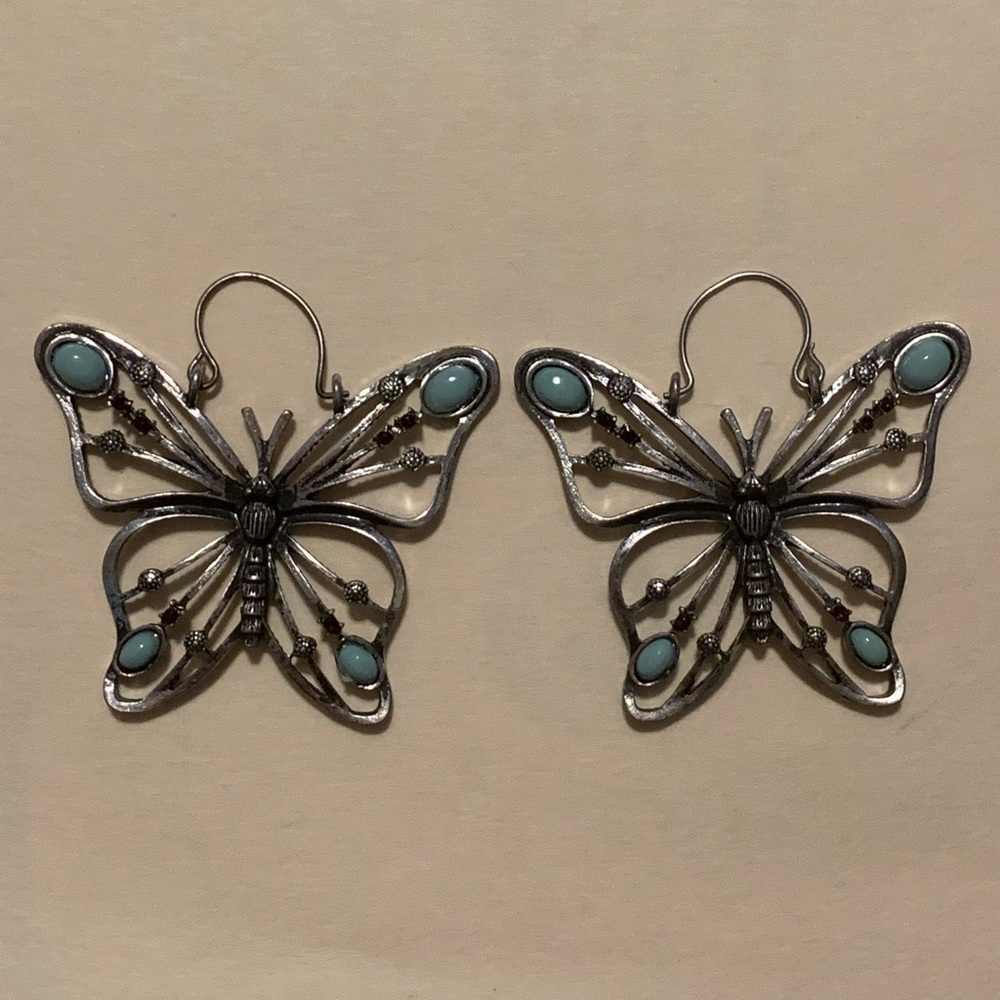 Lucky Brand butterfly earrings. Silver and teal.